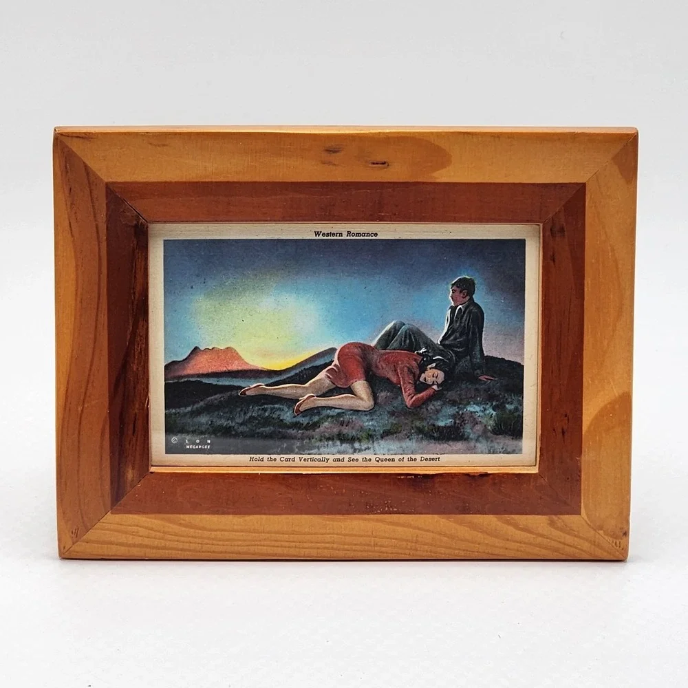 Vintage Two Tone Wood Frame Lon Megargee Western Romance Postcard Desert Queen